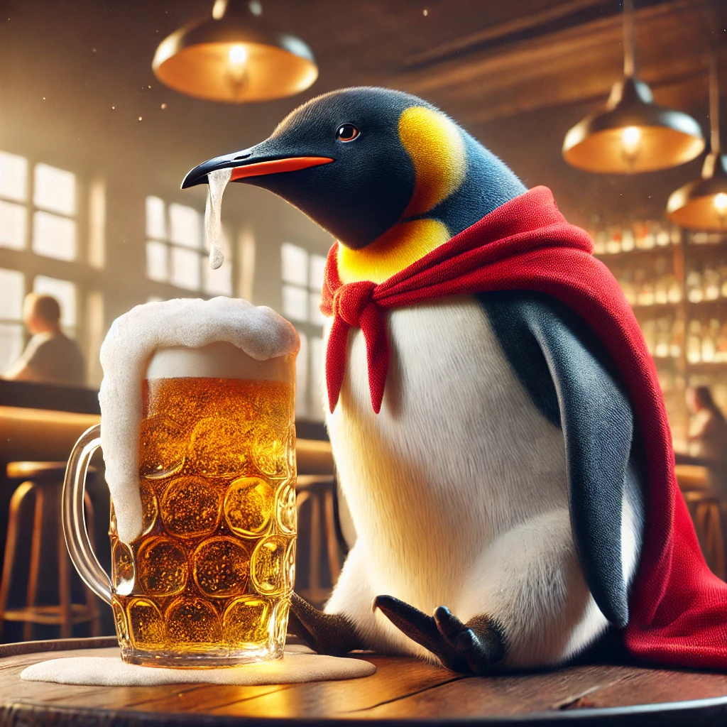 Ein Pinguin mit Superhelden-Umhang trinkt ein Bier